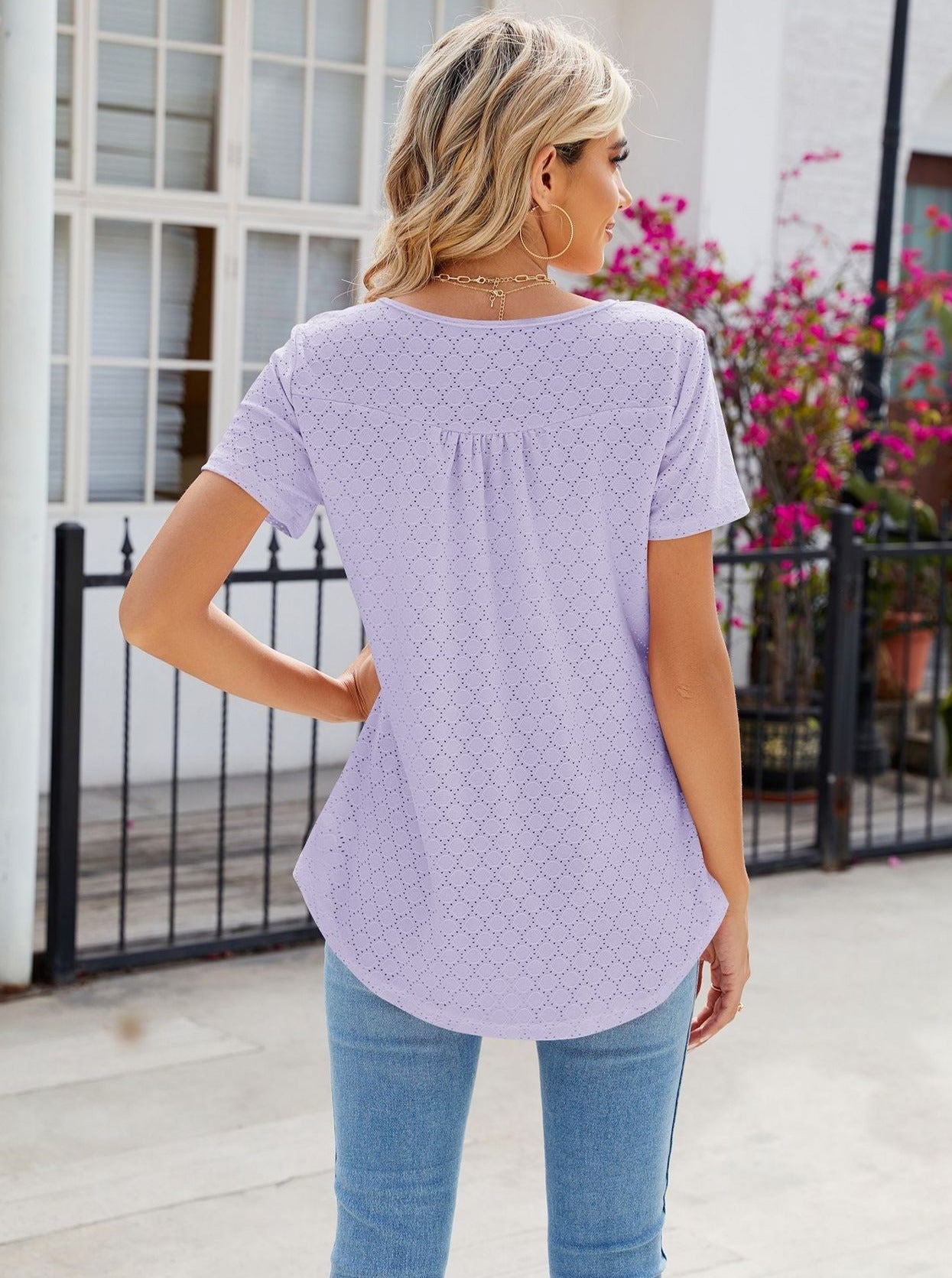 Purple Round Neck Button Loose Short Sleeve T-Shirt