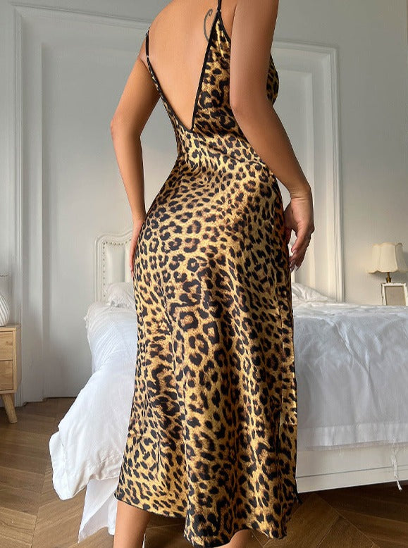 Sexy Leopard Print Backless Slit Nightgown