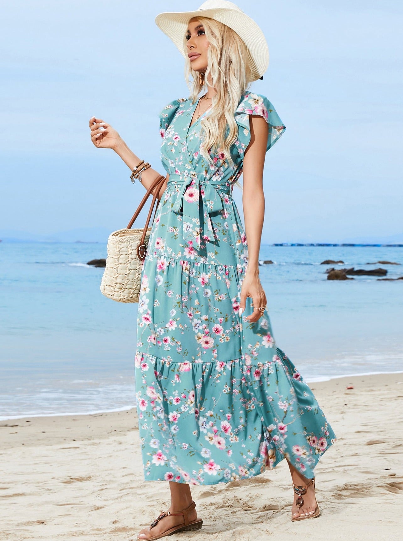 Sweet Floral Wrap Up Style V-hals flæser ærmet Maxi-kjole med bælte 