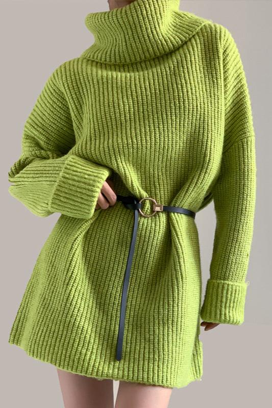 Loose Green Wool Knitted Turtle Neck Pull Over Sweater