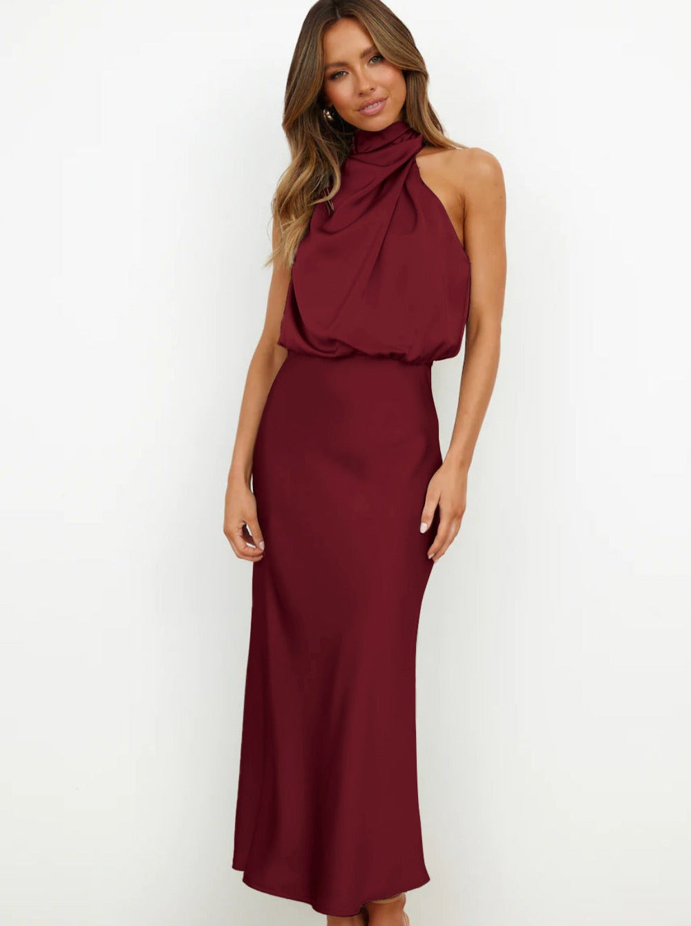 Elegant Maroon Halter Neck Dress