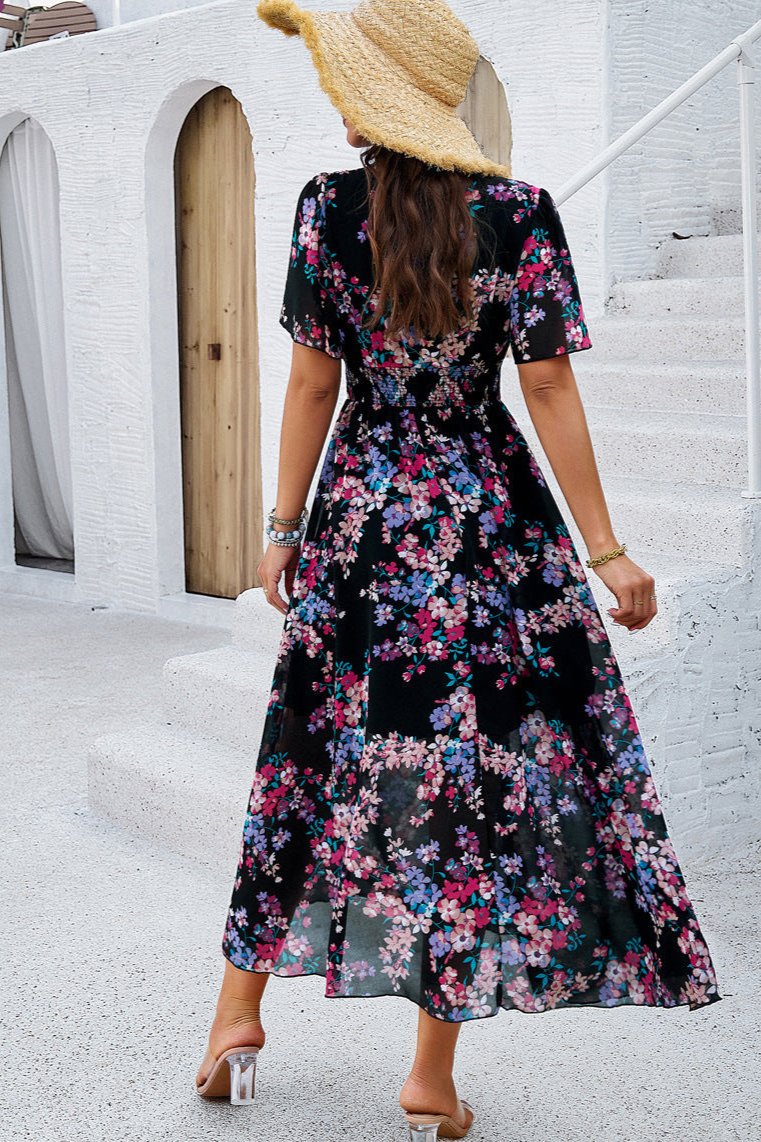 Elegant V-Neck Floral A-Line Midi Dress