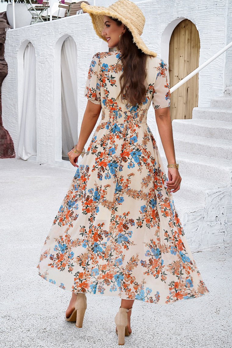 Elegant V-Neck Floral A-Line Midi Dress