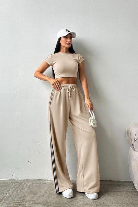 Casual Two Piece Crop Top and High Waist Pants Set