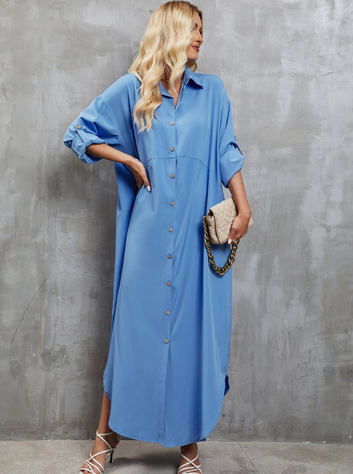 Light Blue Casual Loose Button Up Long Sleeve Maxi Dress