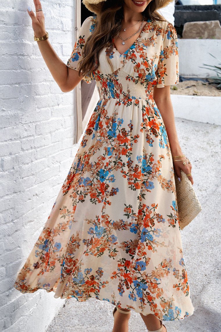 Elegant V-Neck Floral A-Line Midi Dress