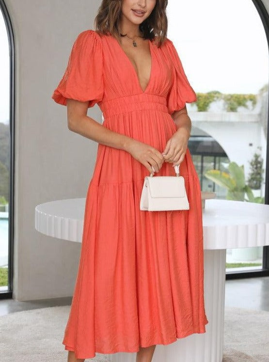 Solid Color Fluff Sleeve V-Neck Pleated Dress