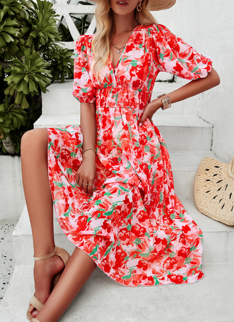 Casual V-Neck Printed High Waist Long Dress