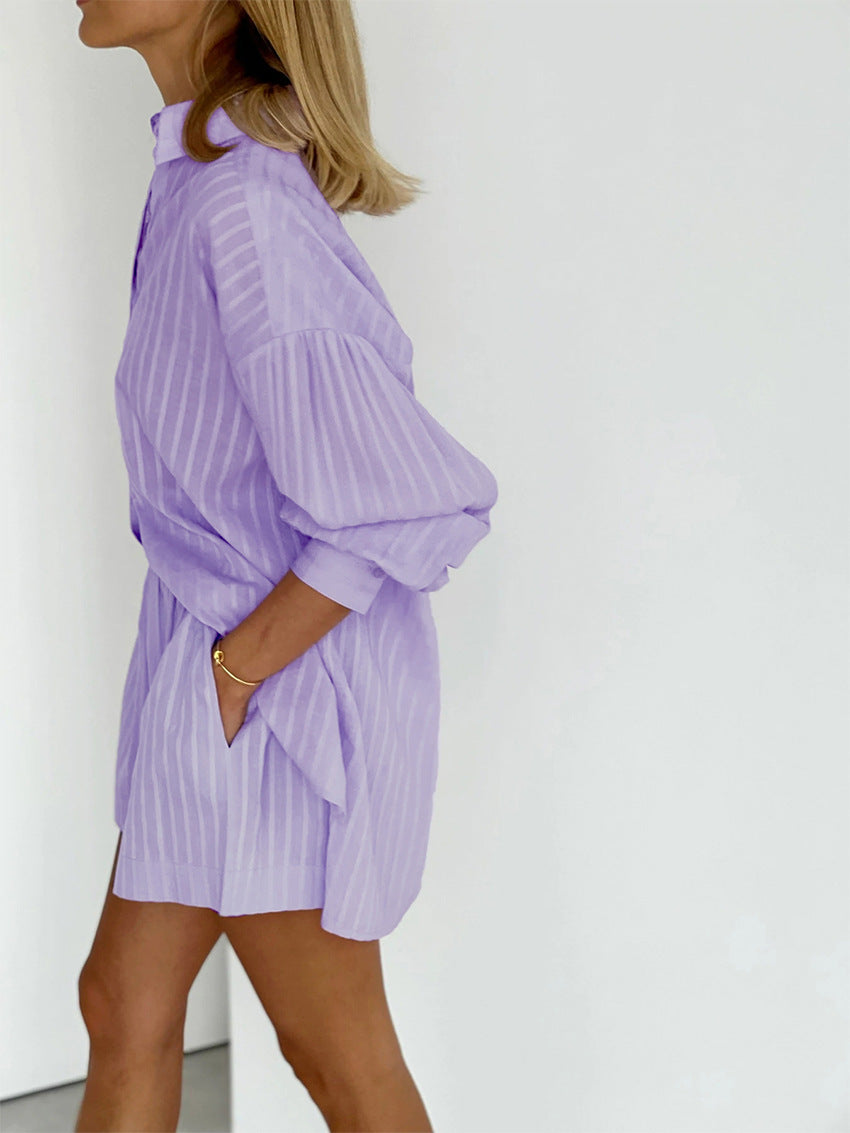 Two Piece Solid Color Stripes Long Sleeve Loose Shorts Suit