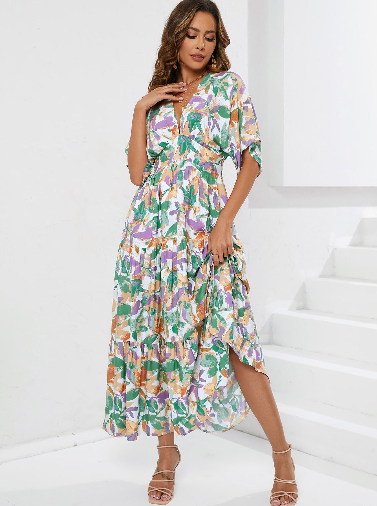 Deep V-Neck Floral Short Sleeve Midi Dress