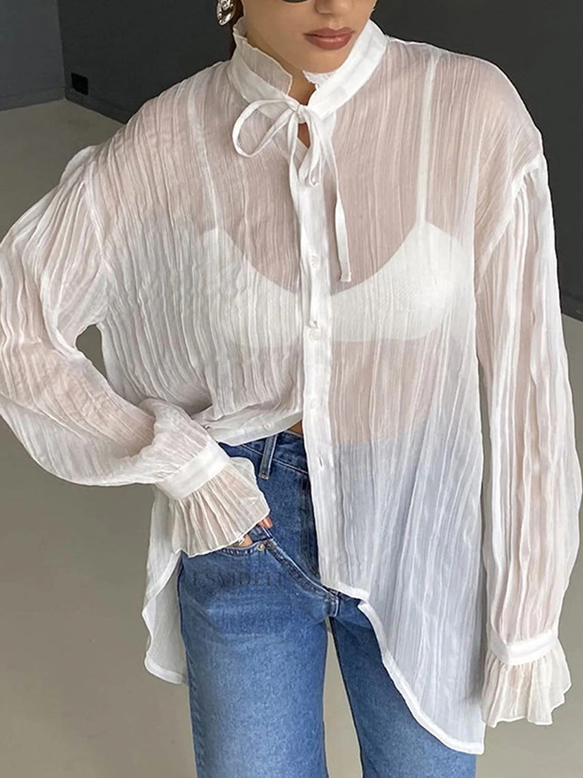 White Temperament Long-Sleeved Lace-Up Sexy Shirt