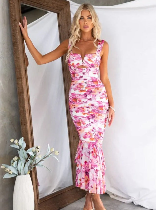 Casual Pink Floral Print Slim Suspender Dress