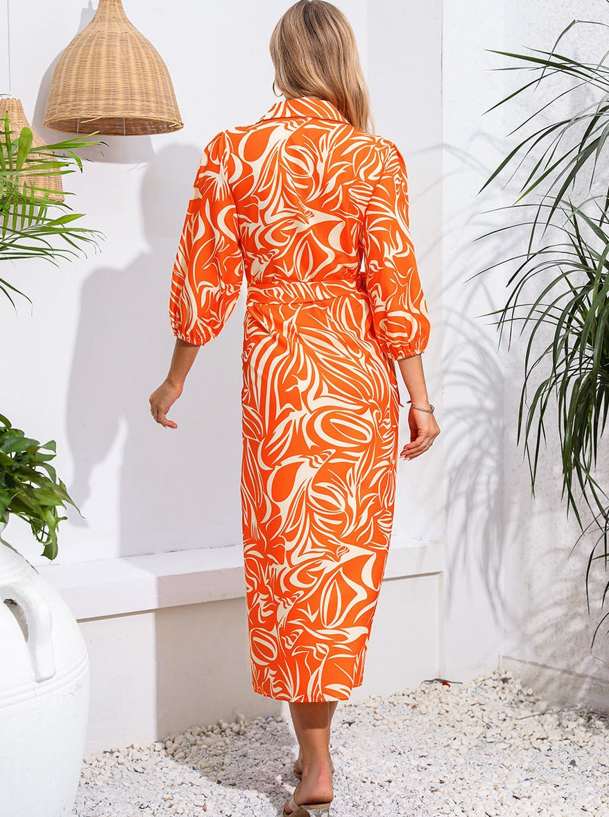 Snøreprintet V-hals langærmet orange kjole med krave 
