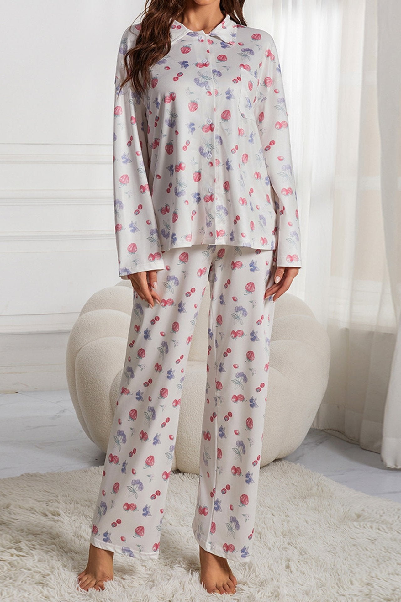 Fruit Printed Long Sleeve Shirt Wide Leg Pajama Set