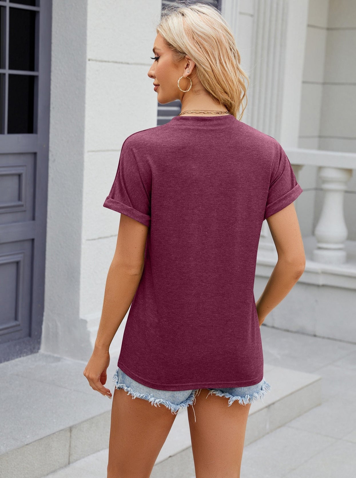 Purple V-Neck Button Loose Short-Sleeved Shirt Tops
