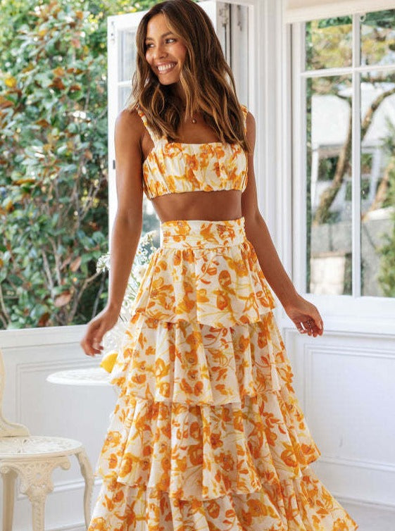 Two Piece Orange Floral Crop Top and Layered Skirt