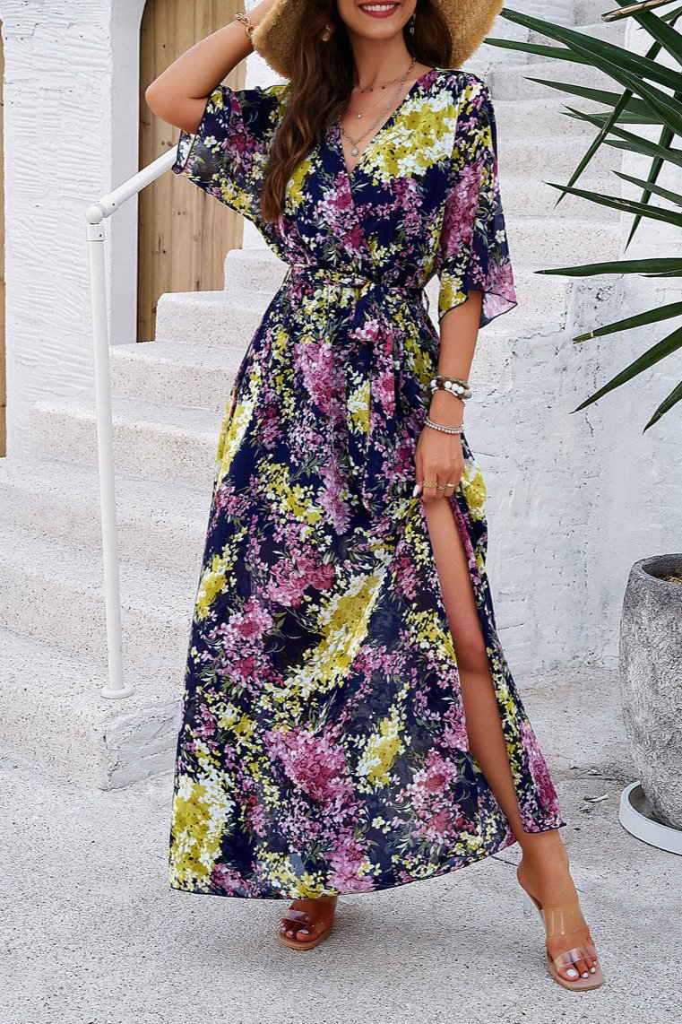 Floral V-Neck Wrap Around Belted Midi Dress