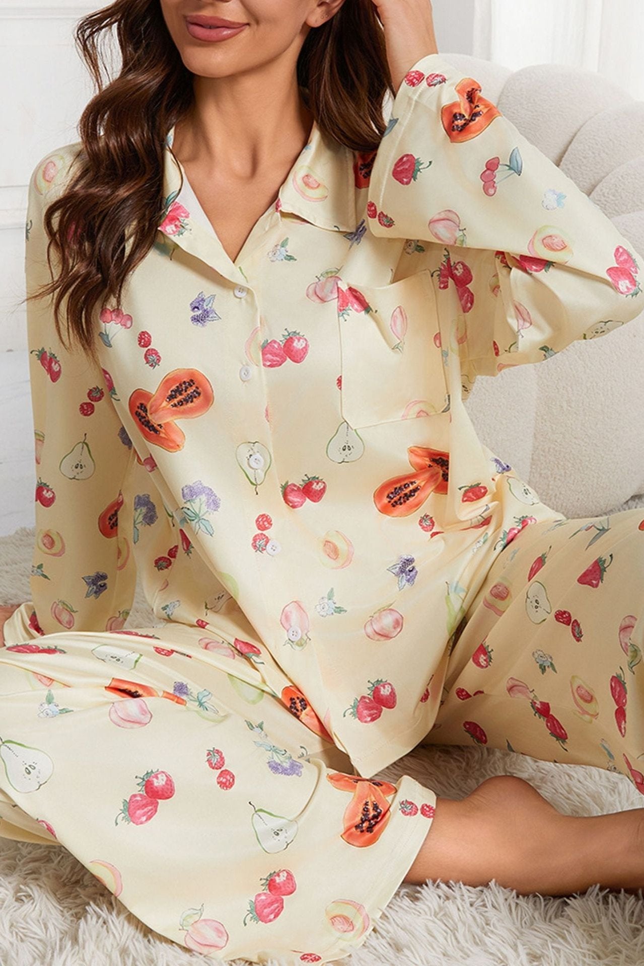 Fruit Printed Long Sleeve Shirt Wide Leg Pajama Set