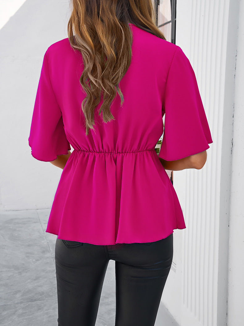 Plain V-Neck Ribbon Tie Blouse