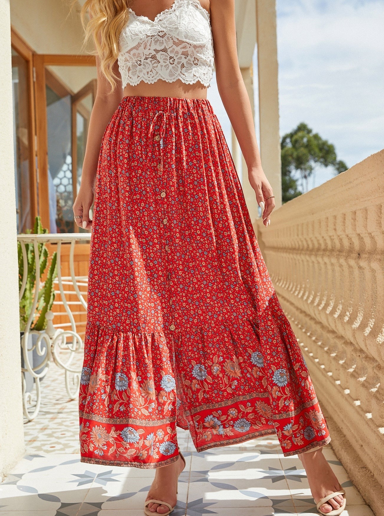 Bohemian Cotton-Breasted Slit Retro Full-Length Skirt