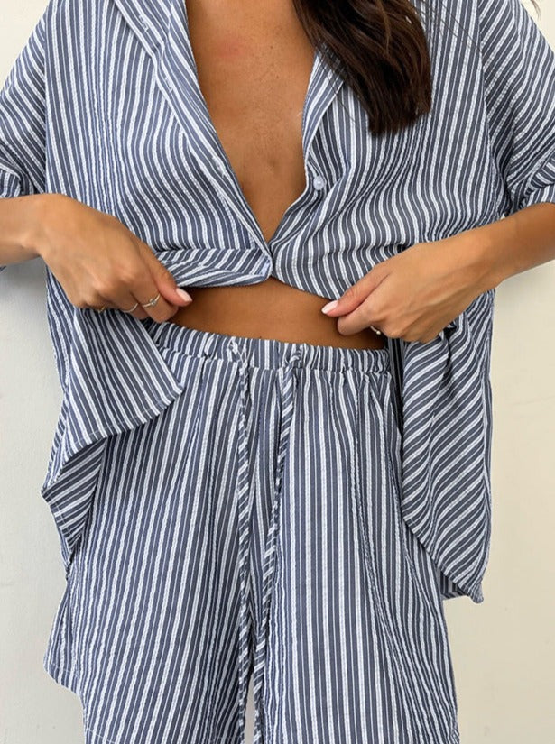 Two Piece Loose White Stripes Short Sleeves Set