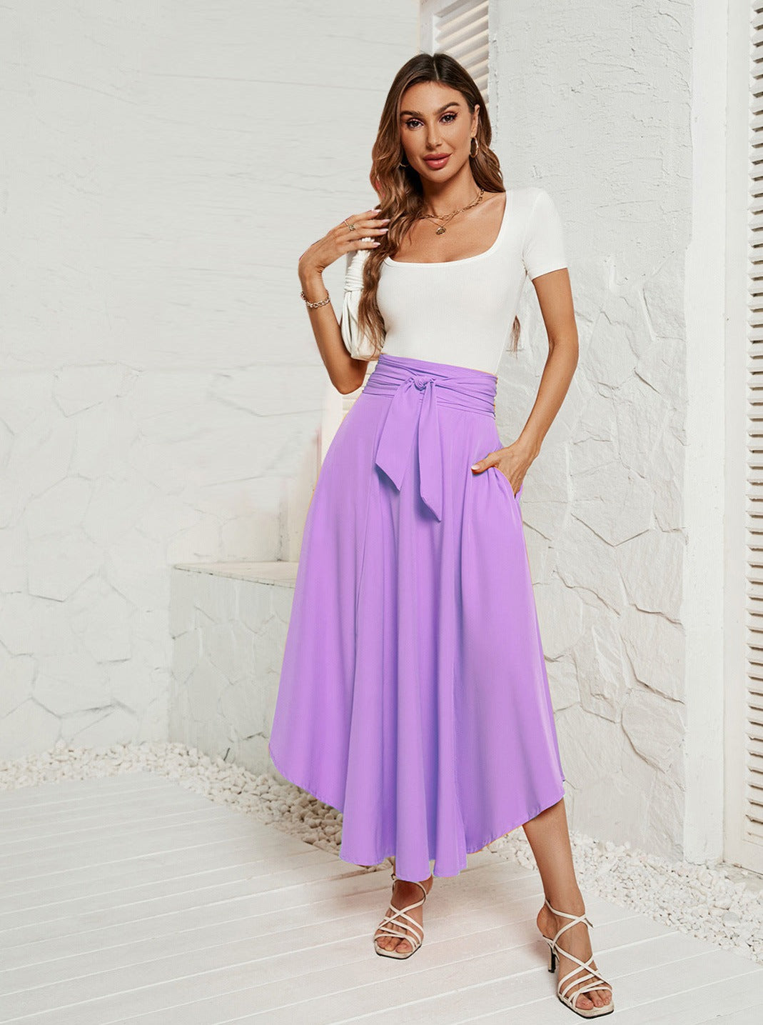 Solid Color Tie Waist Flared Lace Skirt