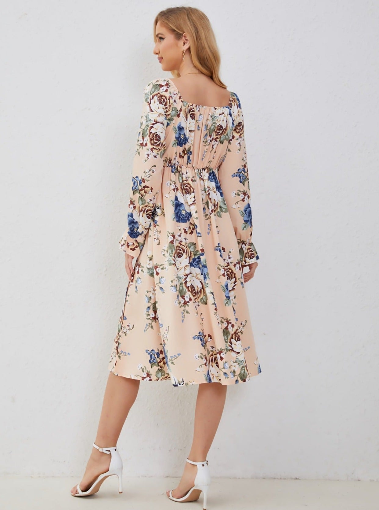 Elegant floral print elastisk firkantet hals midi kjole 