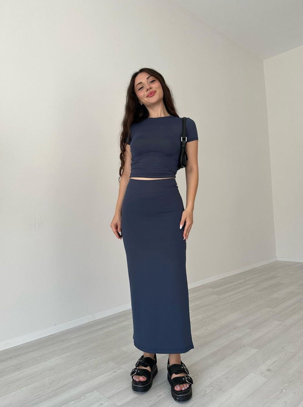 Casual Blue Round Neck Crop Top and Skirt Set