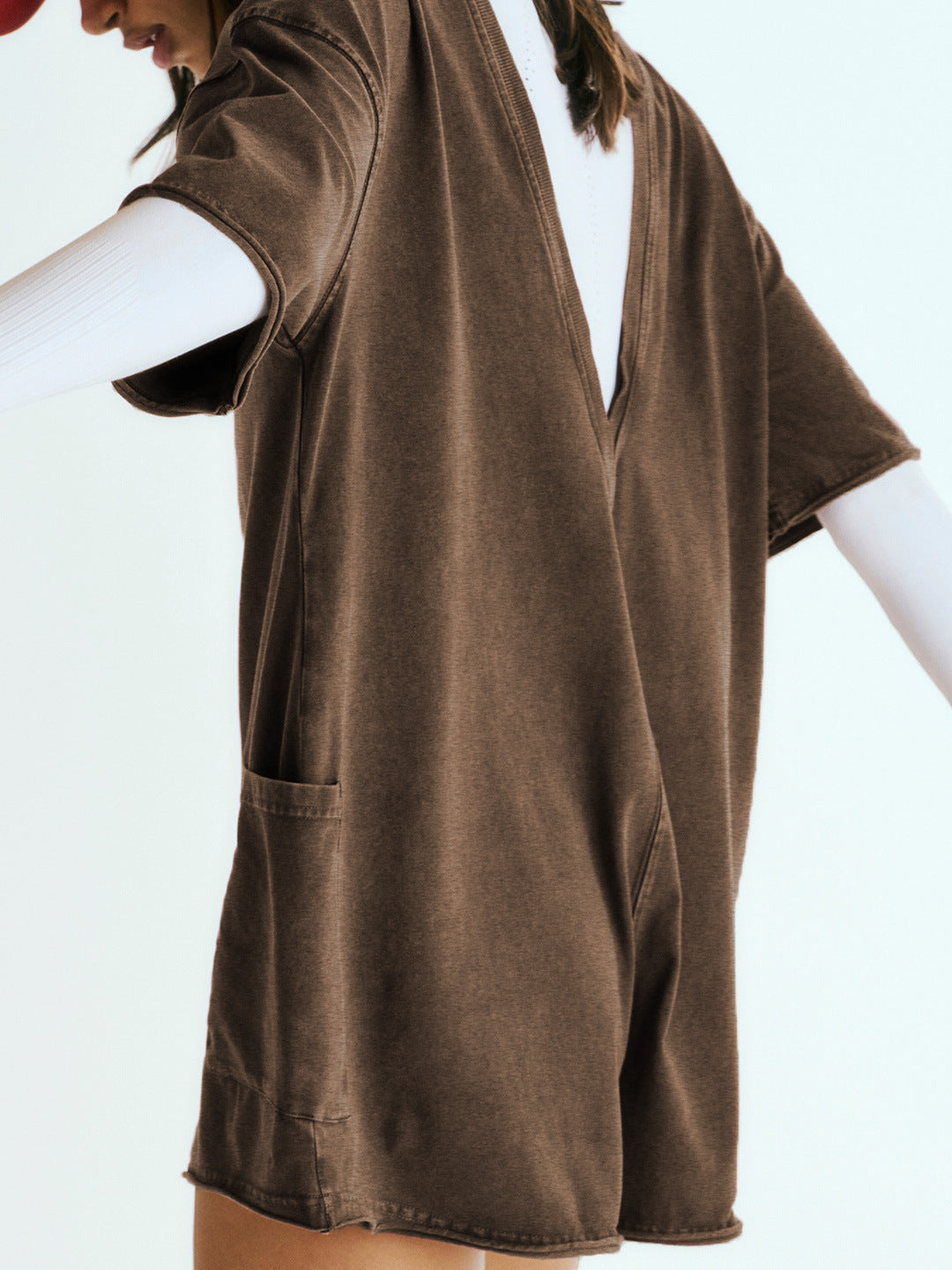 Brown Short Sleeve Pocketed Backless Rompers