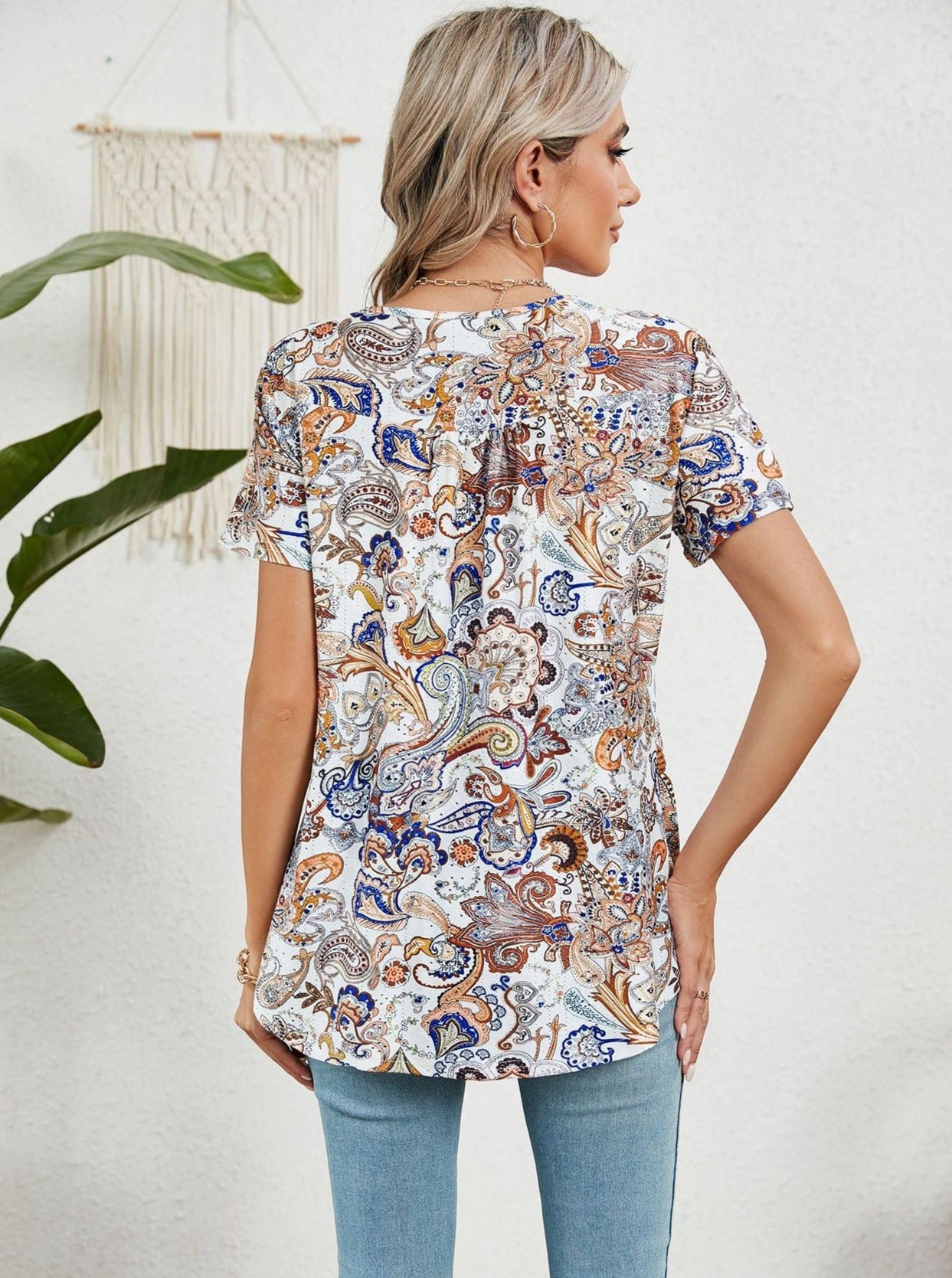 Khaki løs trykt Swallowtail kortærmet t-shirt 