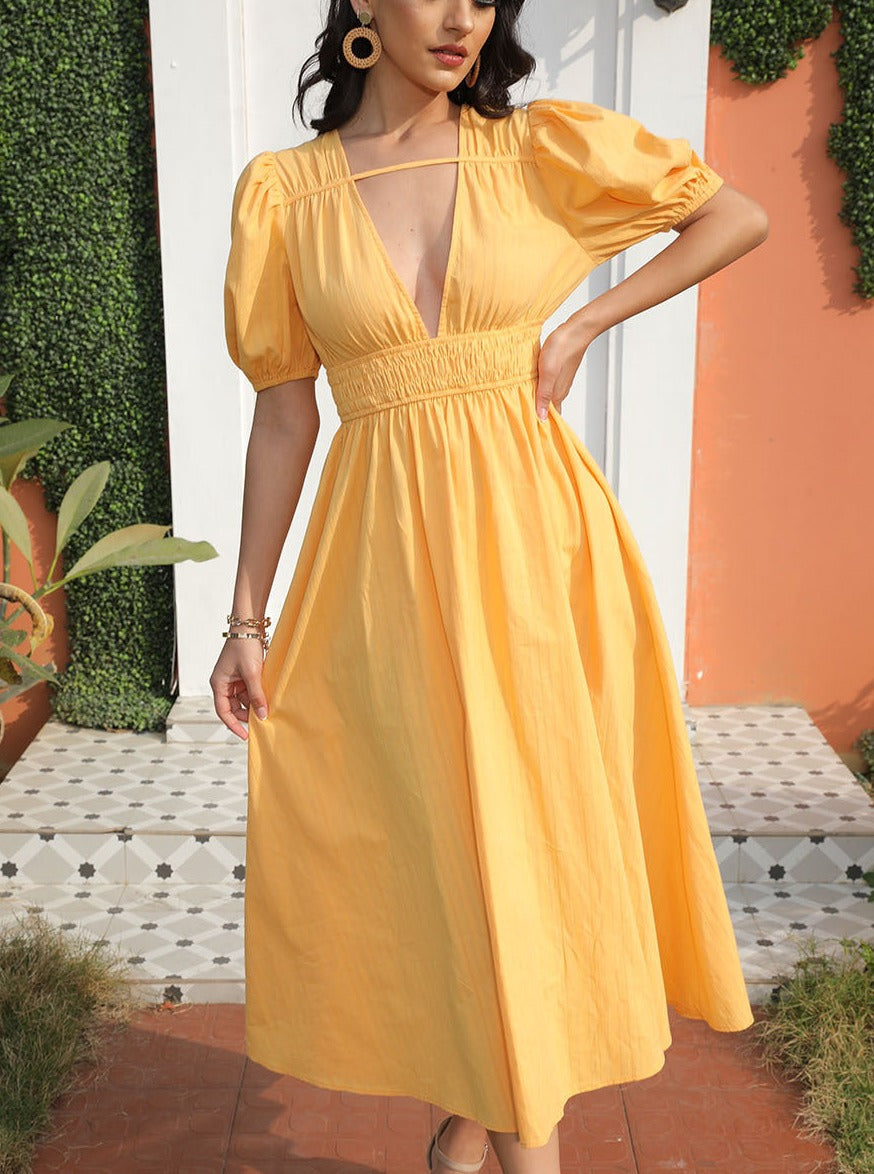 Yellow Orange Summer Puff Sleeve V-Neck Dress