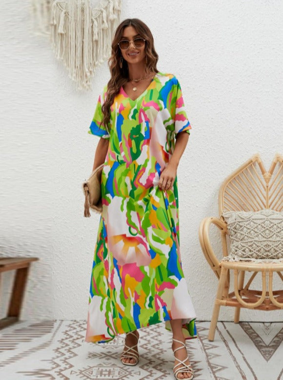 Multicolored V-Neck Summer Dress