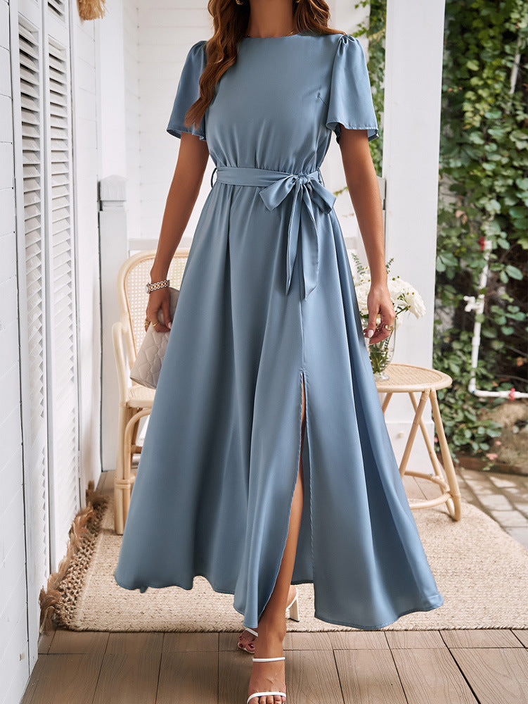 Cross-Border Solid Color Short Sleeve Slit Dress