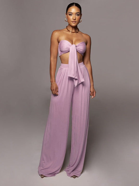 Pink Lace-Up Tube Top and Mid Waist Wide Leg Pants