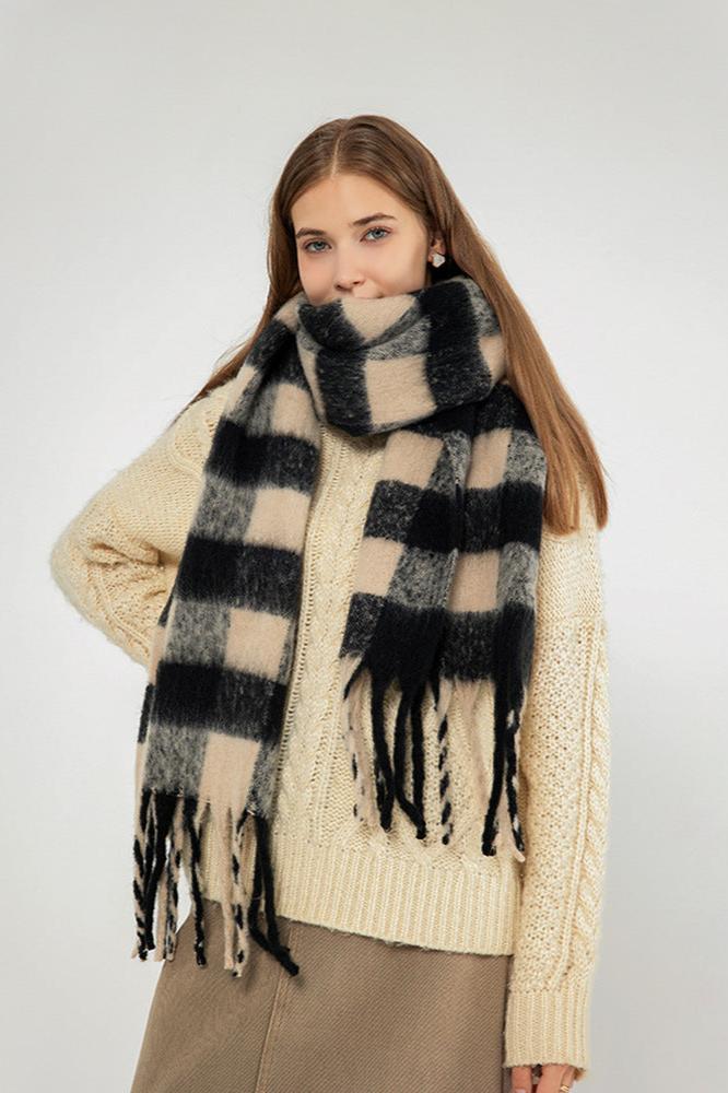 Versatile Long Thick Plaid Tassel Scarf