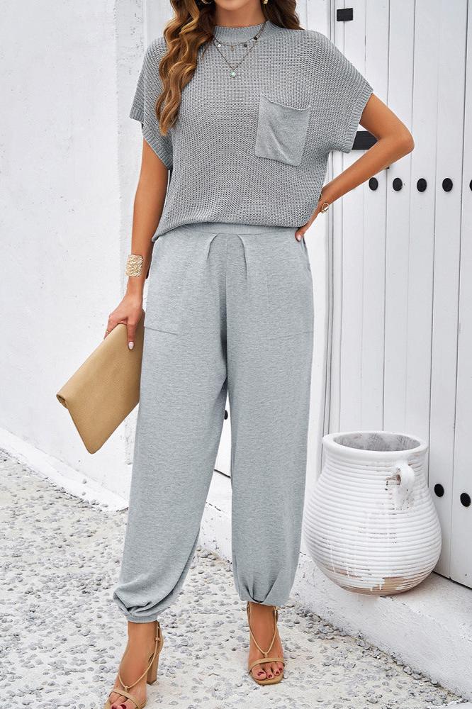 Round Neck Short Sleeve Top and Pants Set