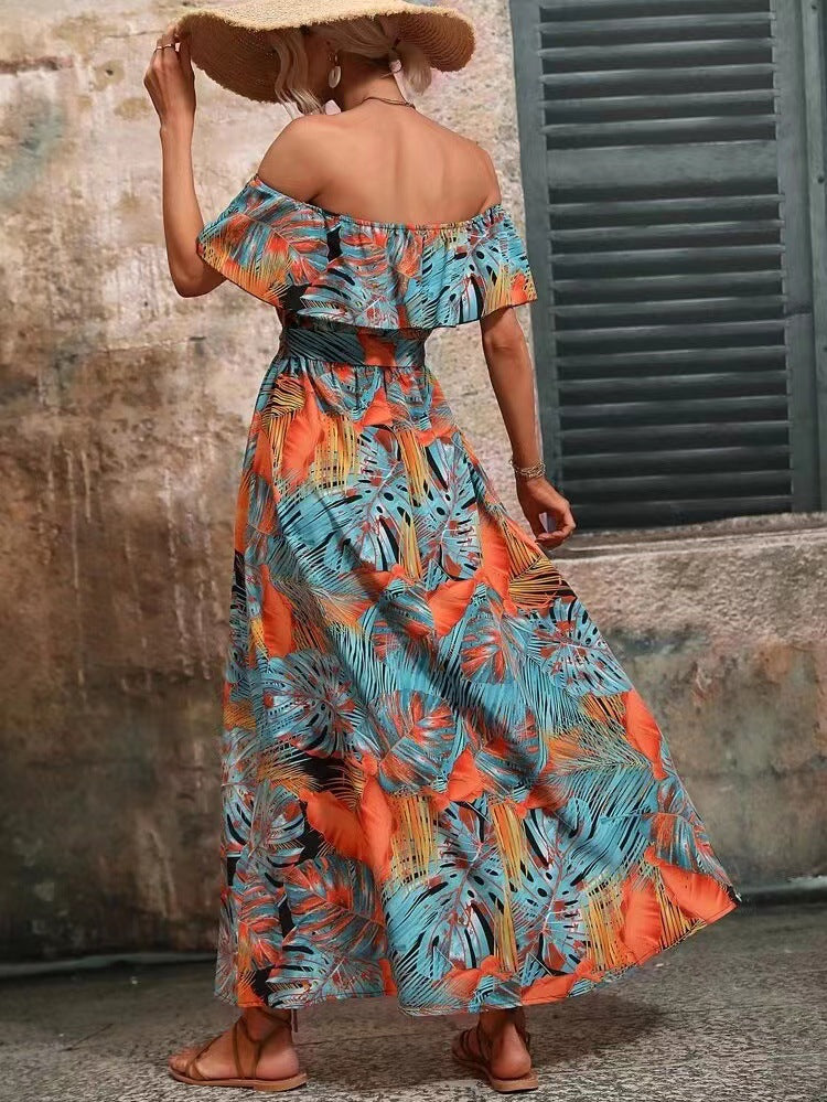 Elegant Off Shoulder Tropical Printed Slit Dress