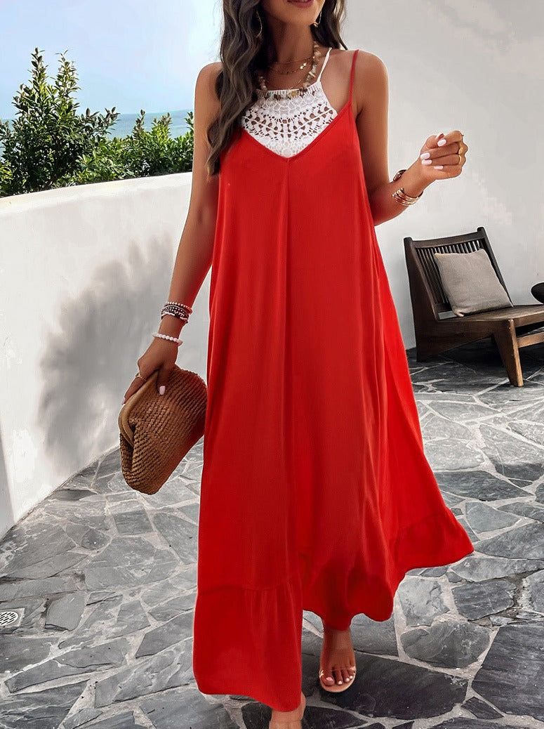 Red Casual Solid Color Suspender Maxi Dress
