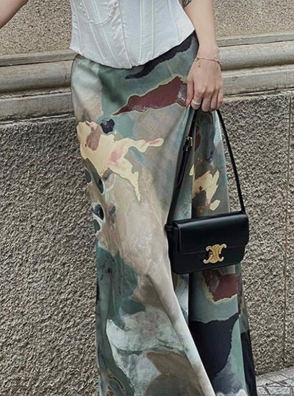 Vintage Camouflage Print Long Skirt