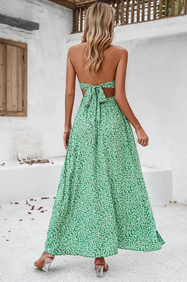 V-Neck Tie Back Printed Long Dress