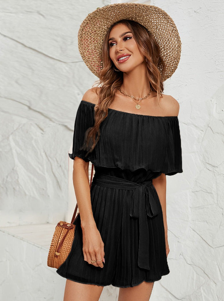 Black Off-Shoulder Pleated Collar Rompers
