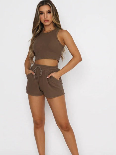 Two Piece Brown Sleeveless Tank Top Short Sets