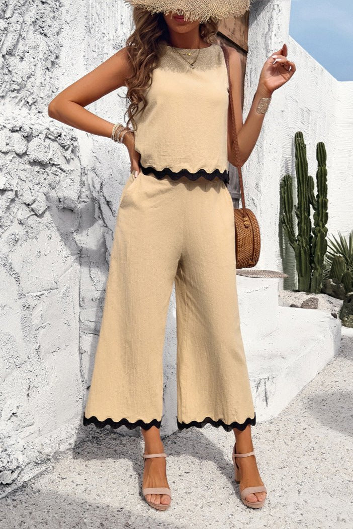 Summer Wavy Hem Sleeveless Top and Pants Set