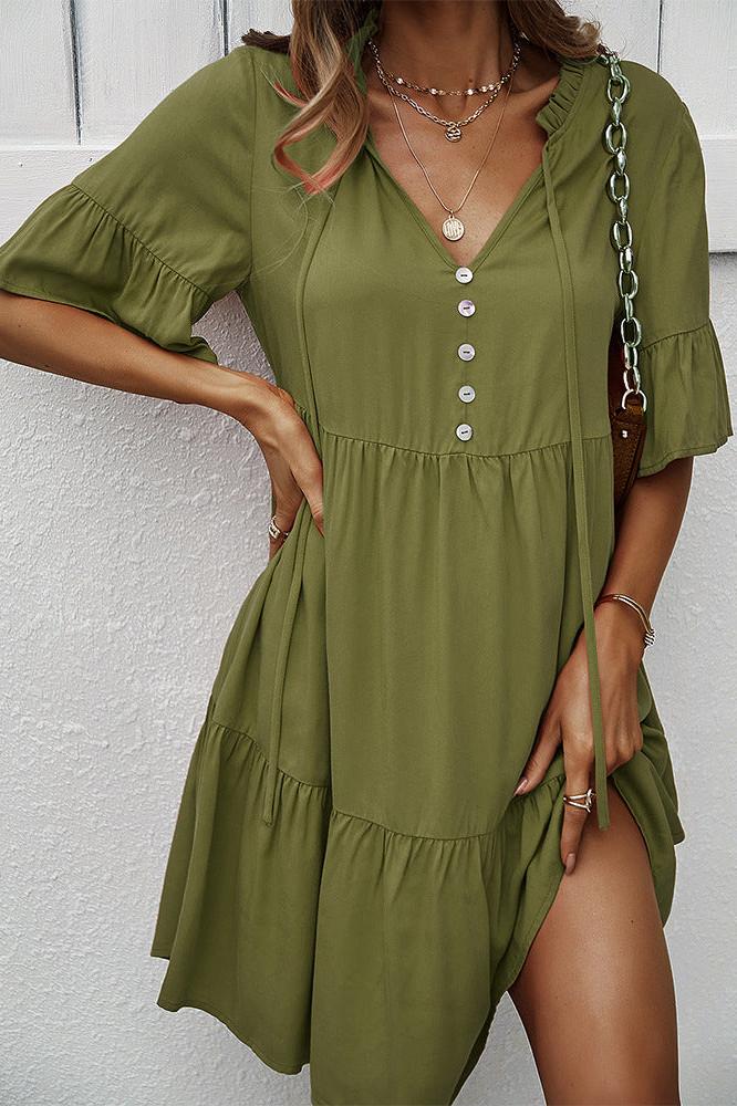 Sexy Frill V-Neck Drawstring Tie Smock Dress