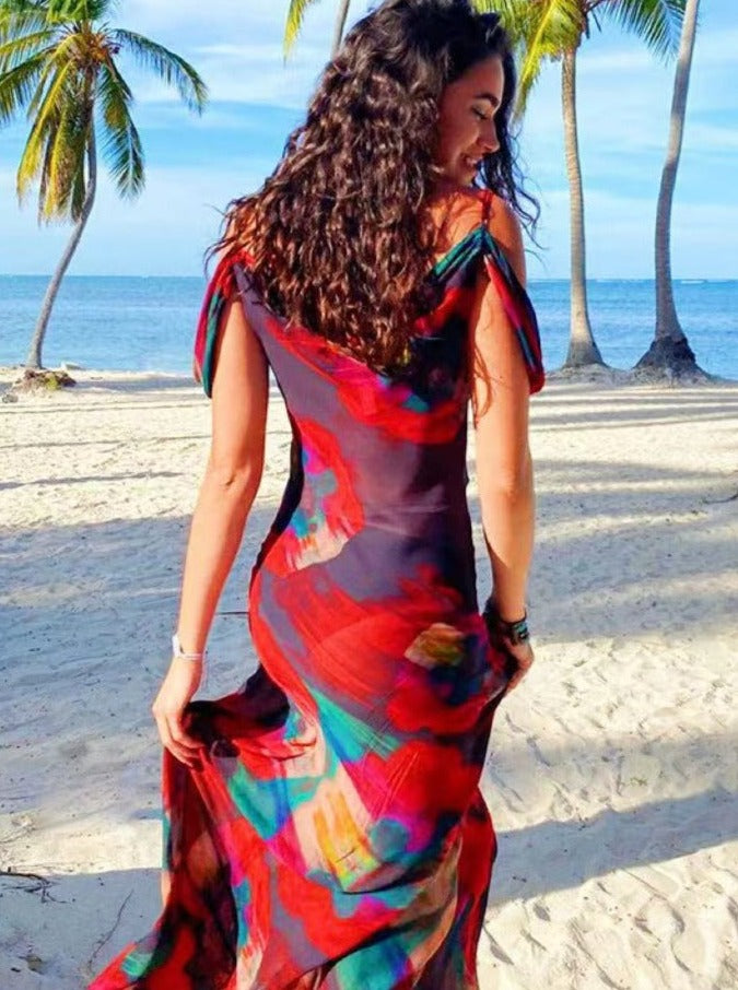 Casual Red Off Shoulder Printed Maxi Dress