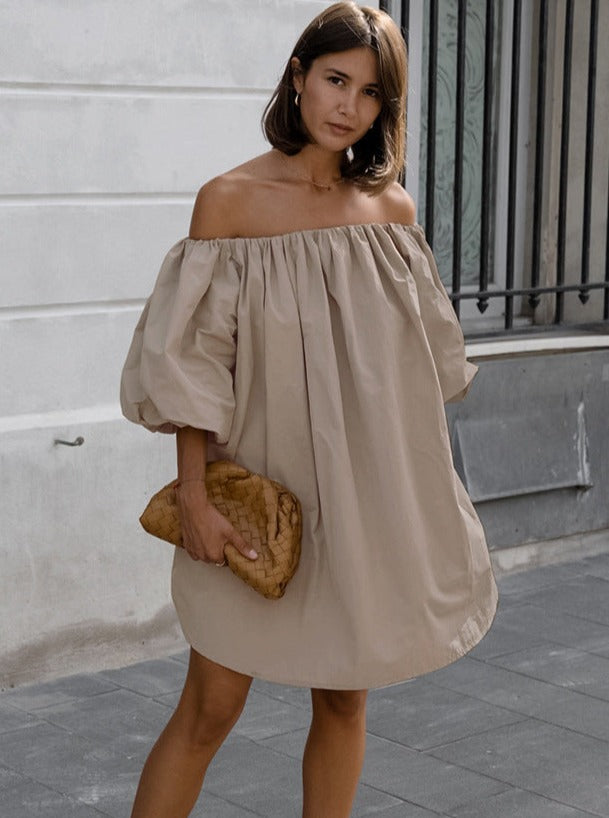 Elegant Khaki Wrinkled Short-Sleeved Dress