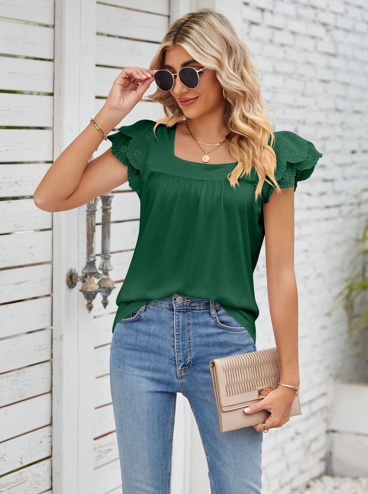 Green Lace Stitching Square Collar Petal Short-Sleeved Shirt