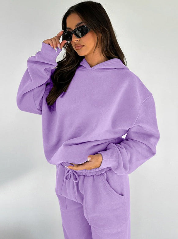 Casual Purple Hooded Long Sleeve Sweater and Trousers Set