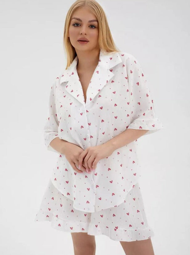 Two Piece Ruffled Heart Printed White Short Sleeve Shorts Suit