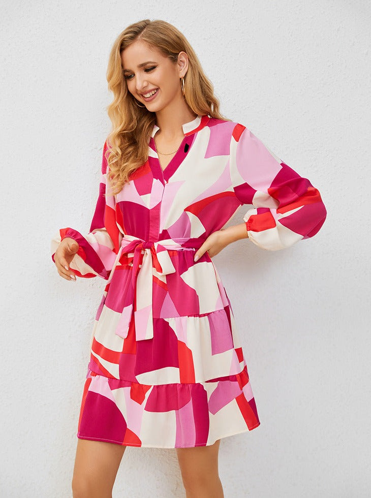 Pink Retro V-Neck Long Sleeve Lace-Up Mini Dress